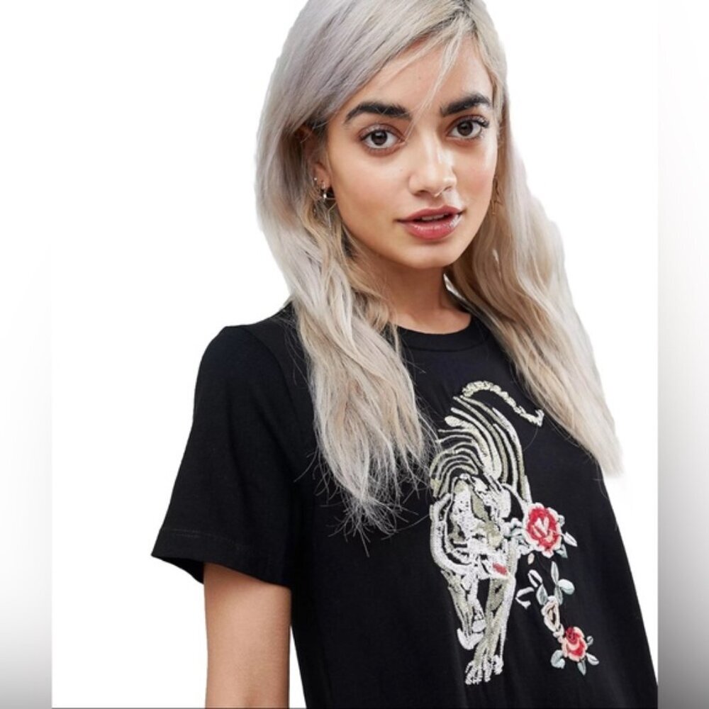 ASOS Casual T Shirt Dress Dropped hem Tiger Embroidery Peasant Style Size 4